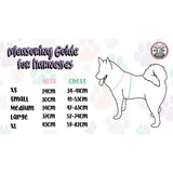 Measuring guide for sprinkles for days reversible dog harness with sprinkle print yellow trim and husky size chart