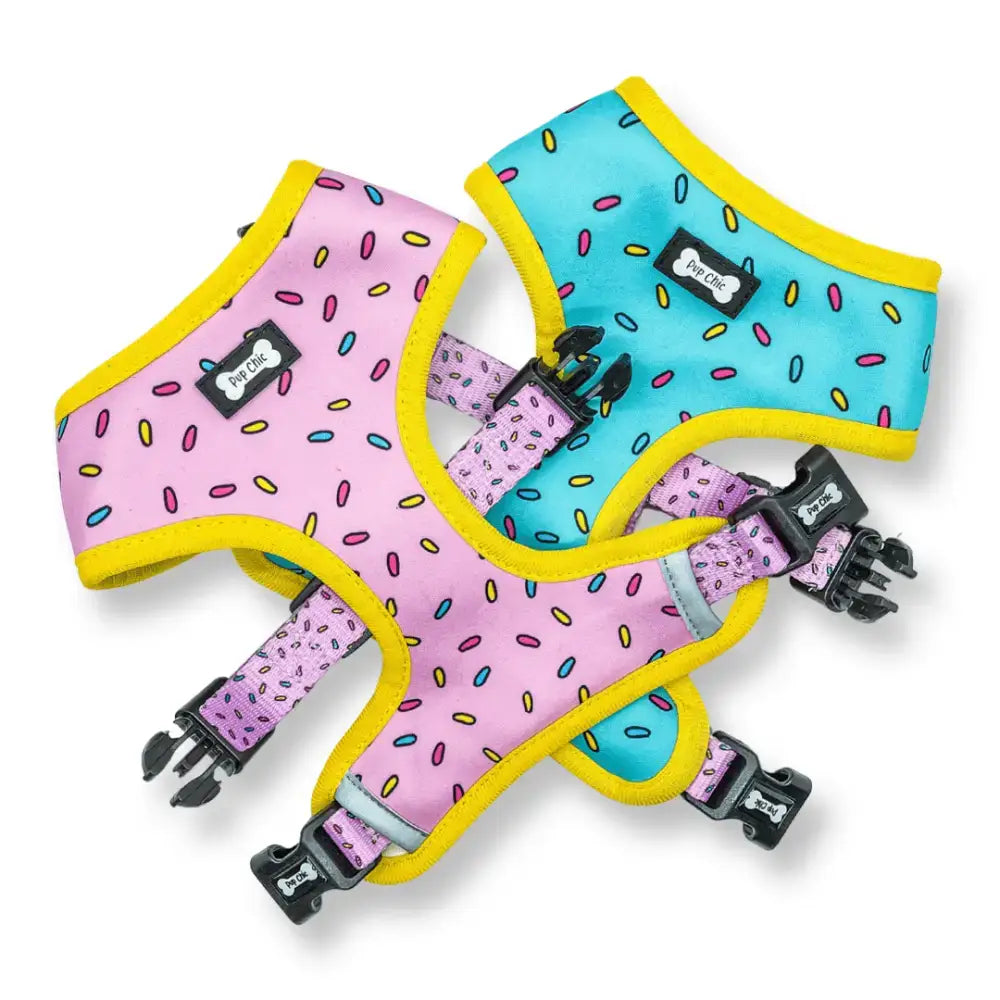 Pink and turquoise sprinkle print yellow trim reversible dog harness from sprinkles for days reversible size guide collection