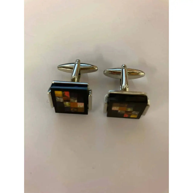 Silver-toned square cuff links with colourful squares on dark faces perfect for stylish riding apparel