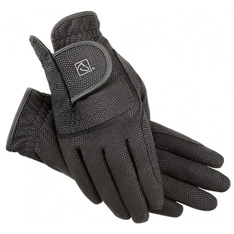 Black ssg digital riding glove style 2100 with textured dotted fabric and reinforced wrist strap with white logo visible from back