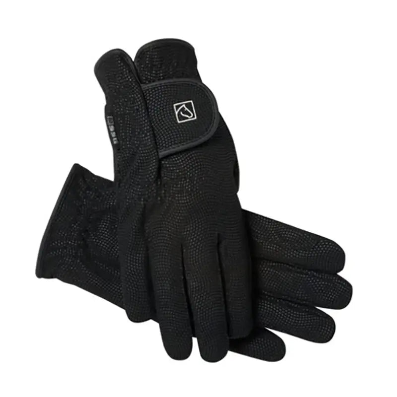 Black textured riding gloves with velcro strap and logo patch shown from the back ssg digital winter lined style 2150