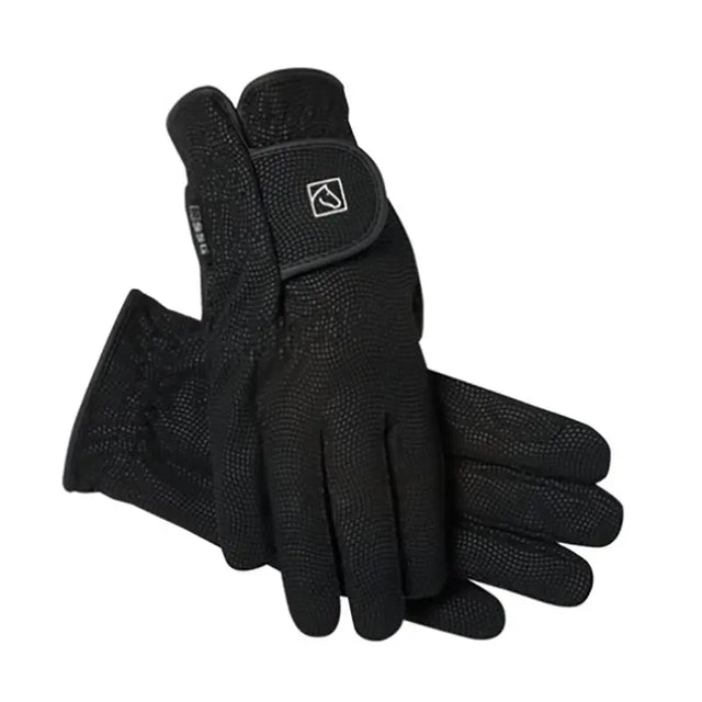 Black textured riding gloves with velcro strap and logo patch shown from the back ssg digital winter lined style 2150