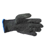 Black textured ssg equestrian lined barn glove with blue cuff shown from the back side for barn work