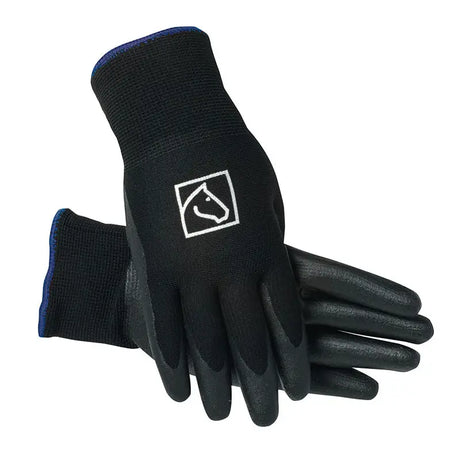 Back side of black ssg equestrian lined barn glove with textured grip blue cuff and white horse head logo on hand