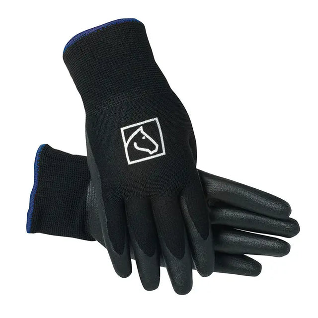 Back side of black ssg equestrian lined barn glove with textured grip blue cuff and white horse head logo on hand