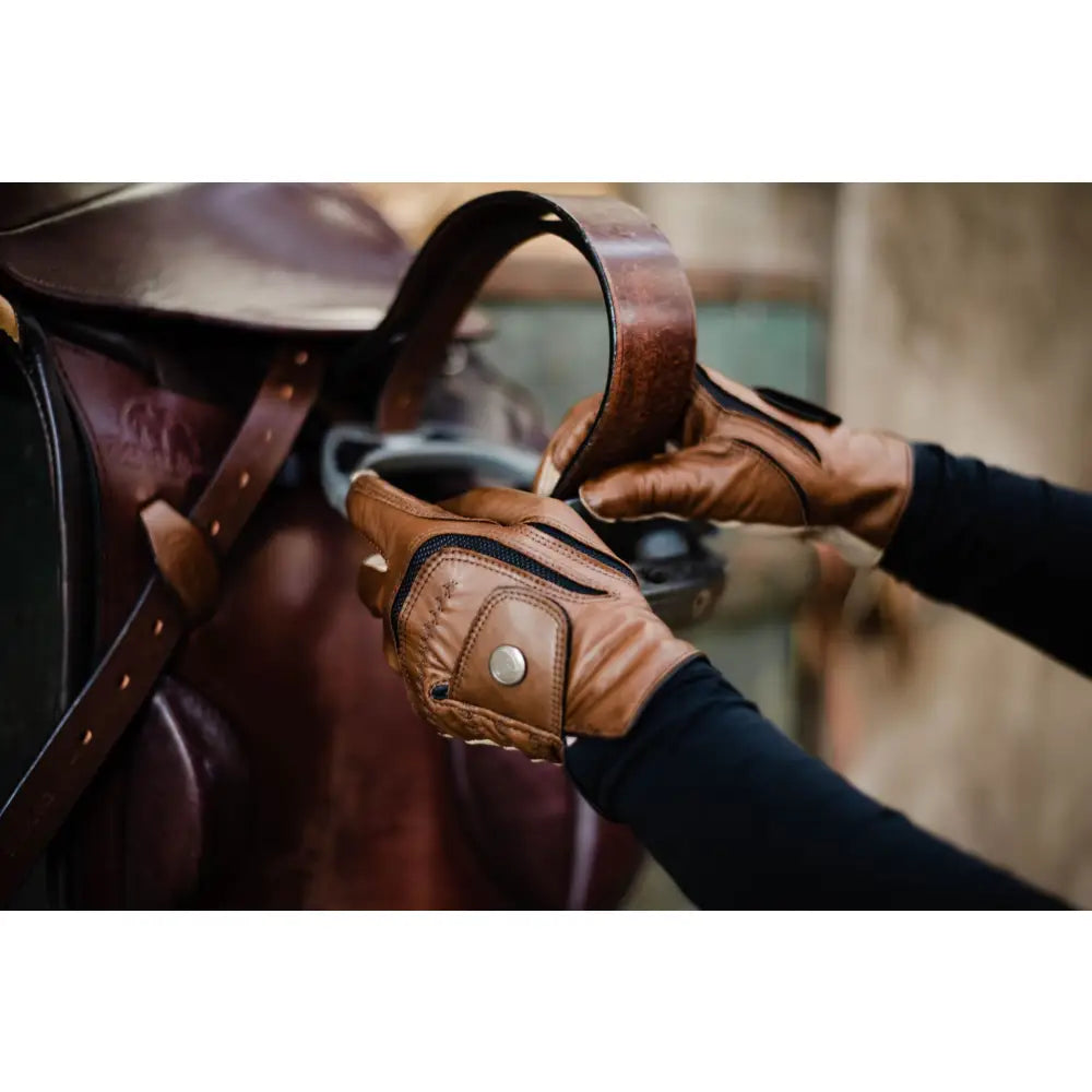 Brown leather riding gloves ssg hybrid glove style 4200 with quilted design and black stitching on back side