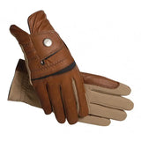 Brown leather ssg hybrid glove style 4200 riding gloves with tan accents and silver button closure on back side