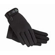 Black ssg riding gloves with textured fabric and reinforced wrist strap featuring sg logo for weather childs riding