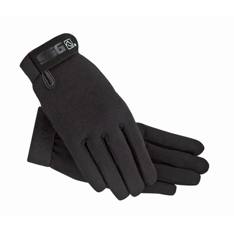 Black ssg riding gloves with textured fabric and reinforced wrist strap featuring sg logo for weather childs riding
