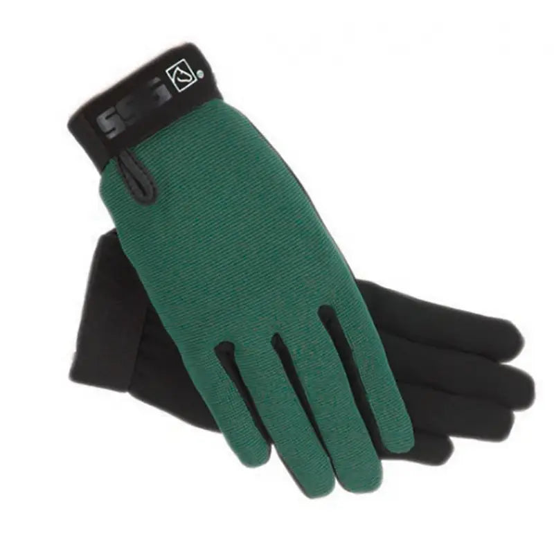 Green and black ssg riding gloves with textured fabric palm, reinforced fingertips, and adjustable wrist strap for childs riding gloves weather use