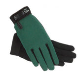 Green and black ssg riding gloves with textured fabric palm, reinforced fingertips, and adjustable wrist strap for childs riding gloves weather use