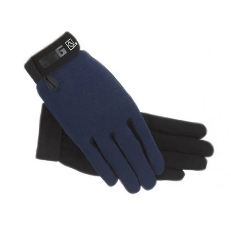 Navy blue and black fleece ssg riding gloves with branded wrist strap for all weather childs riding use