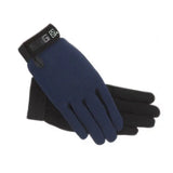 Navy blue and black fleece ssg riding gloves with branded wrist strap for all weather childs riding use