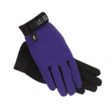 Purple and black ssg riding gloves childs riding gloves with textured fabric finish for all weather use back side view