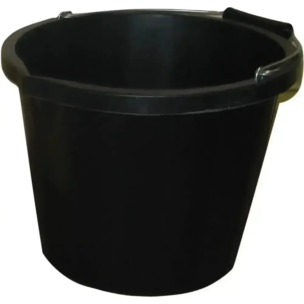 Black stable bucket made of durable plastic with a sturdy handle perfect for buckets and bowls use