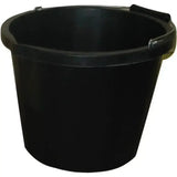 Black stable bucket made of durable plastic with a sturdy handle perfect for buckets and bowls use