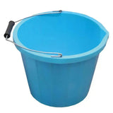 Bright blue plastic stable bucket with a black-handled metal wire handle for buckets and bowls use