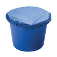 Blue plastic bucket with a matching blue nylon stable bucket cover securing the top for buckets and bowls use