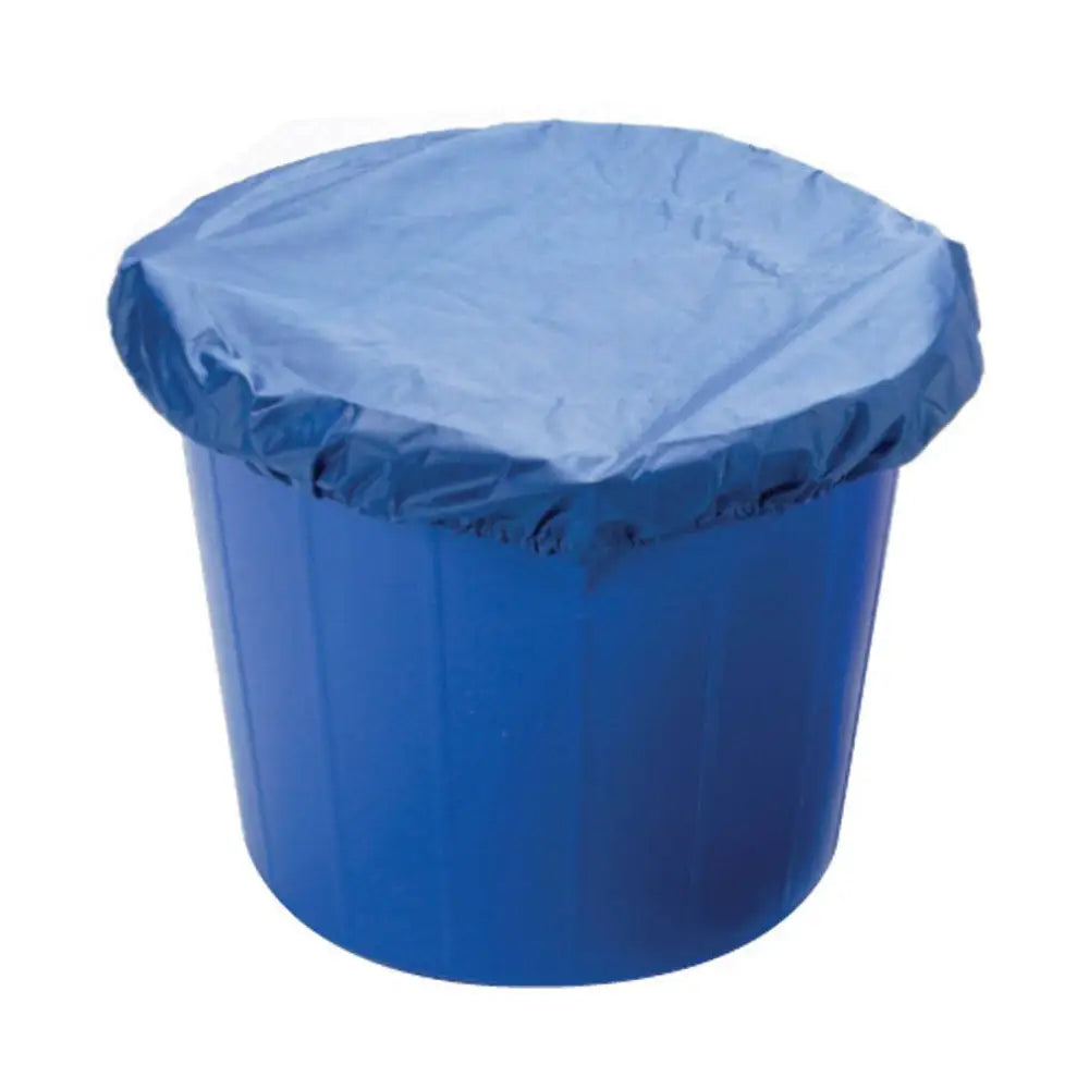 Blue plastic bucket with a matching blue nylon stable bucket cover securing the top for buckets and bowls use