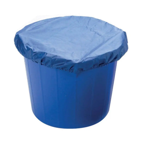 Blue plastic bucket with a matching blue nylon stable bucket cover securing the top for buckets and bowls use