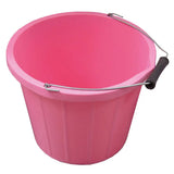 Pink plastic stable bucket with metal handle and black rubber grip perfect for buckets and bowls use