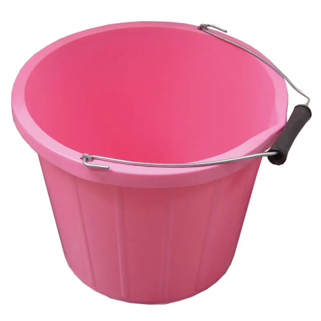 Pink plastic stable bucket with metal handle and black rubber grip perfect for buckets and bowls use