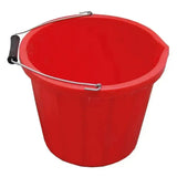 Red plastic stable bucket with metal handle and black grip ideal for buckets and bowls use