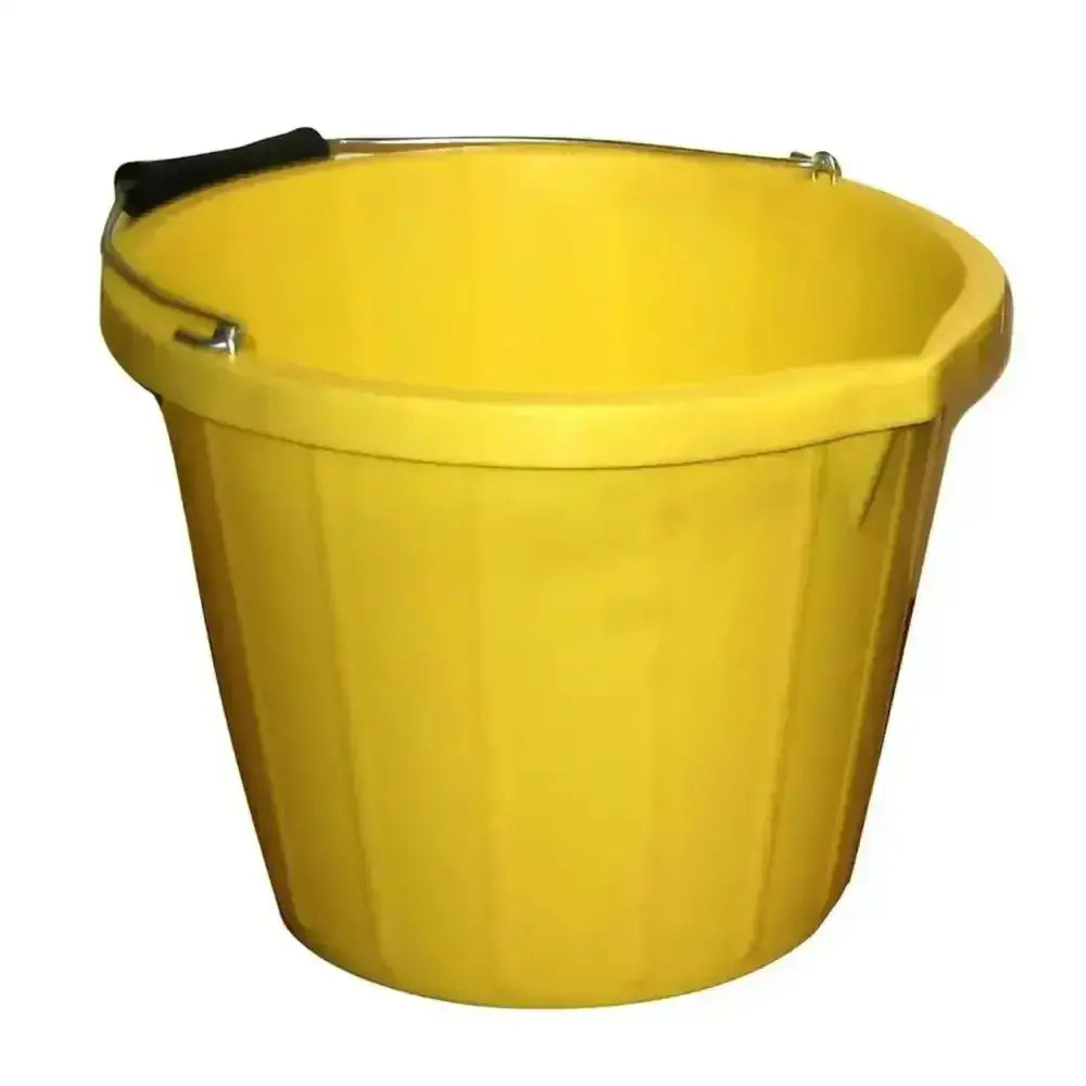 Bright yellow plastic stable bucket with black handle and metal hardware ideal for buckets and bowls uses