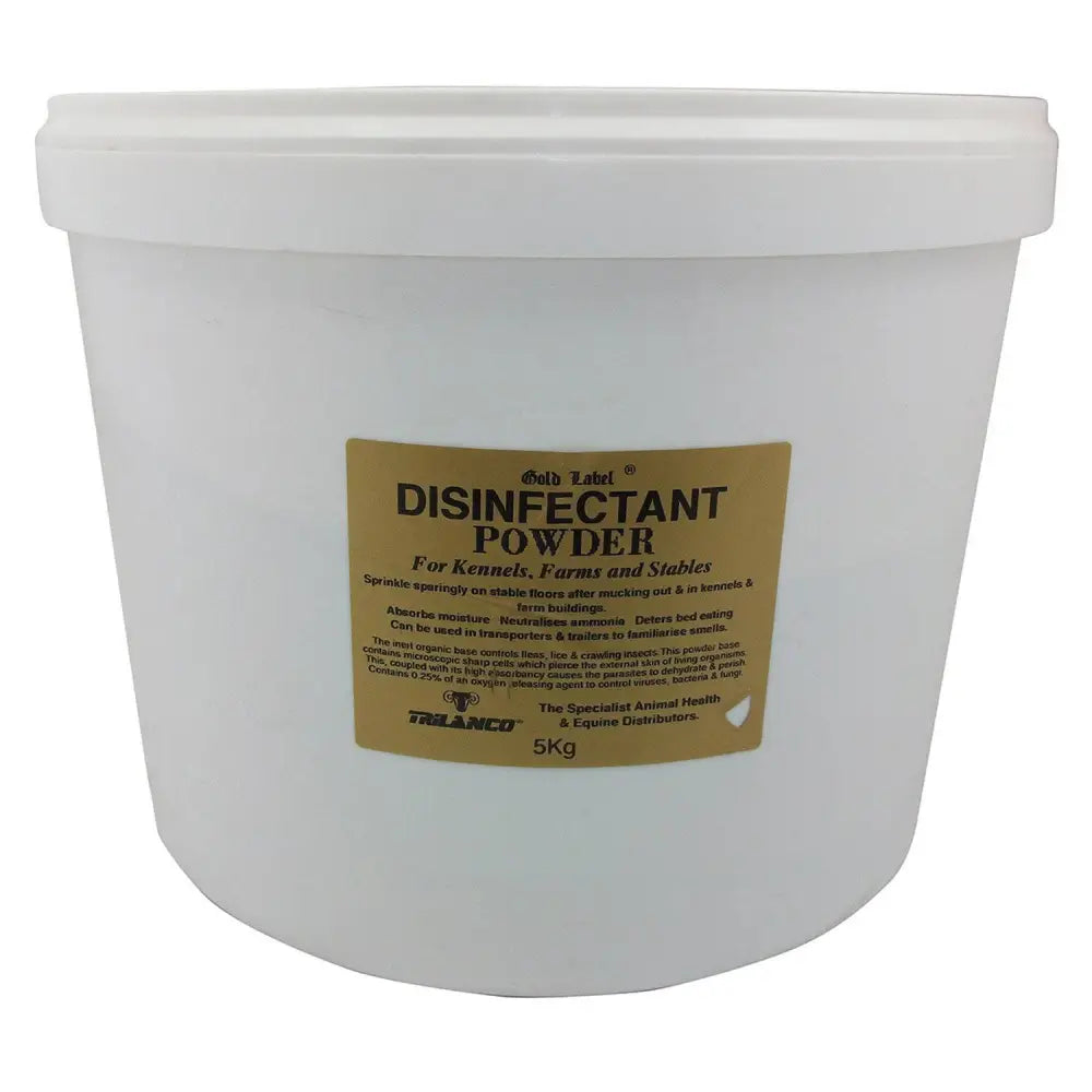 White plastic bucket of stable disinfectant powder with gold label featuring oxygen releasing agent to neutralise ammonia in kennels and stables