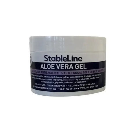 White plastic jar of stableline aloe vera gel with black label featuring soothing natural antibacterial and anti-fungal gel