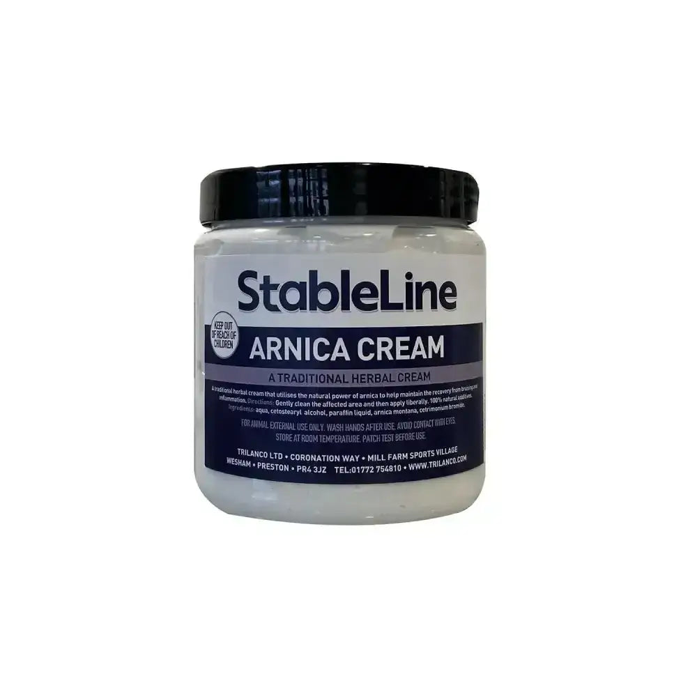 Stableline arnica cream in a white jar with black lid and dark blue label highlighting traditional herbal cream formula