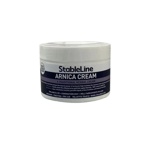 White plastic jar of stableline arnica cream with a dark blue label showing stableline arnica traditional herbal cream