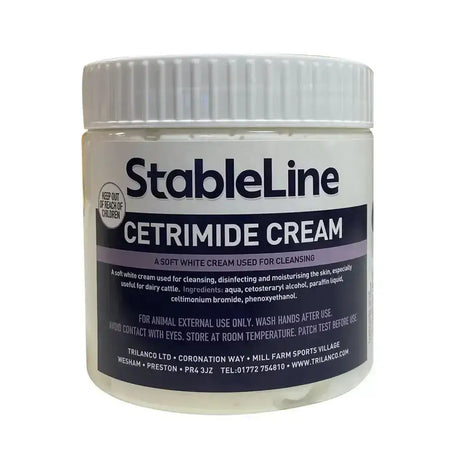 Stableline cetrimide cream in a white plastic jar with ribbed lid and dark label for dairy cattle care