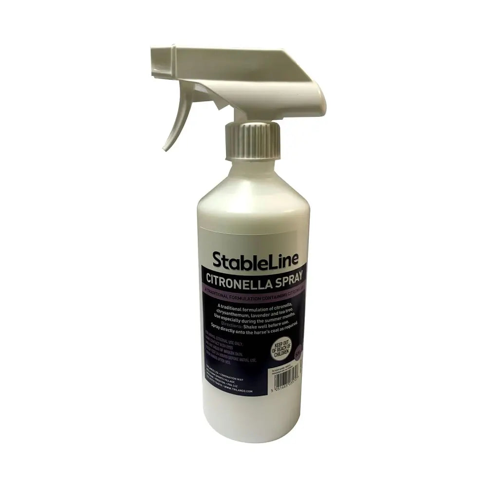 White plastic spray bottle of stableline citronella spray with traditional formulation and tea tree for insect repellent
