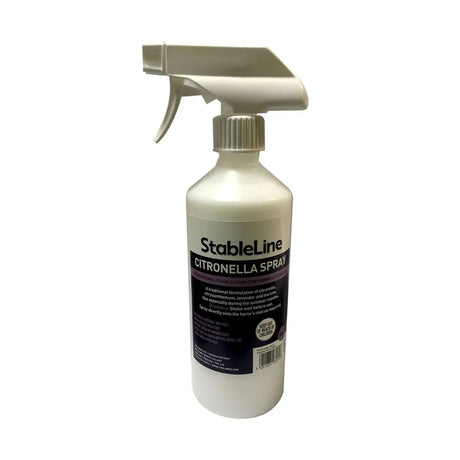 White plastic spray bottle of stableline citronella spray with traditional formulation and tea tree for insect repellent
