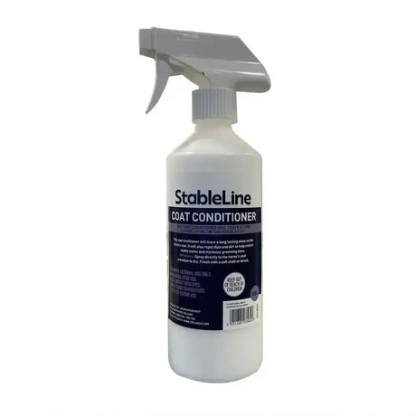 Stableline coat conditioner in a translucent white spray bottle with gray nozzle for long lasting shine and to repel dust
