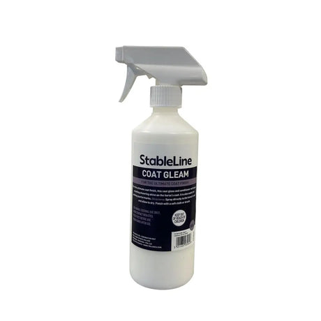 White plastic stableline coat gleam spray bottle with gray trigger nozzle for ultimate coat finish and lasting showring shine