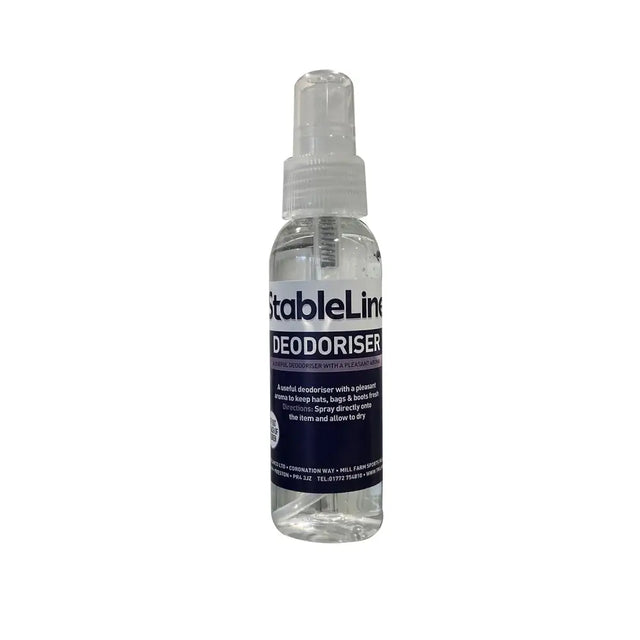 Clear plastic spray bottle stableline deodoriser with white nozzle delivering boots fresh pleasant aroma