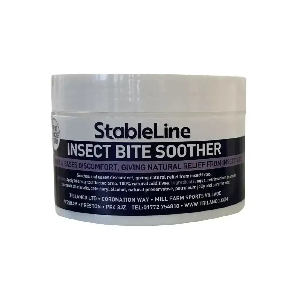 White plastic jar with stableline insect bite soother label giving natural relief for insect bites
