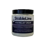 Stableline itch relief cream in a clear jar with black lid contains white cream made with pure essential oils for itch relief