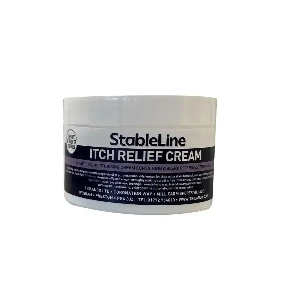 White cylindrical jar of stableline itch relief cream with black and white label highlighting soothing moisturising formula with pure essential oils