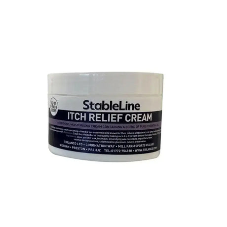 White cylindrical jar of stableline itch relief cream with black and white label highlighting soothing moisturising formula with pure essential oils