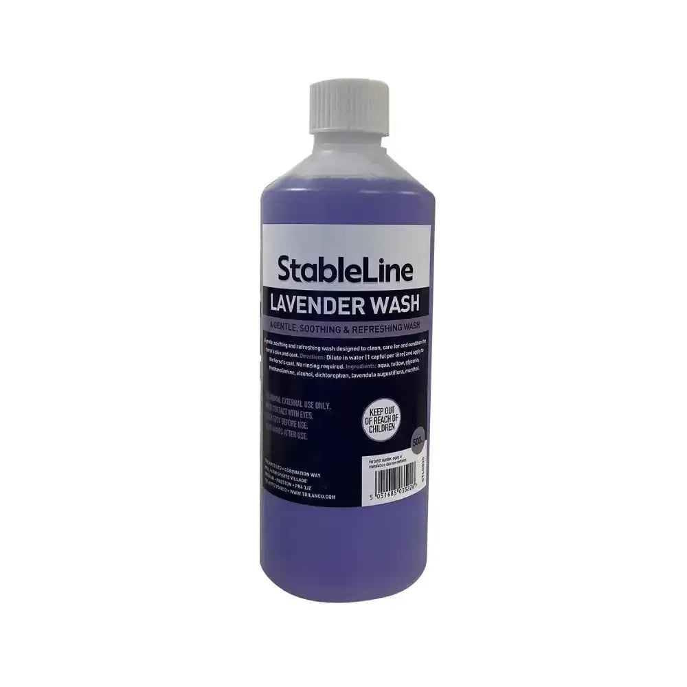A 500ml bottle of stableline lavender wash with purple liquid and black and white label for refreshing wash designed for horse’s skin