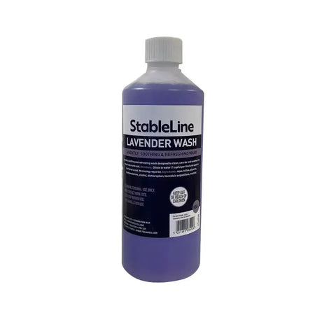 A 500ml bottle of stableline lavender wash with purple liquid and black and white label for refreshing wash designed for horse’s skin