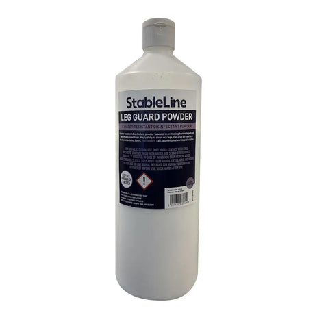 Stableline leg guard powder in a translucent white bottle with gray cap for protecting horses legs with water resistant disinfectant