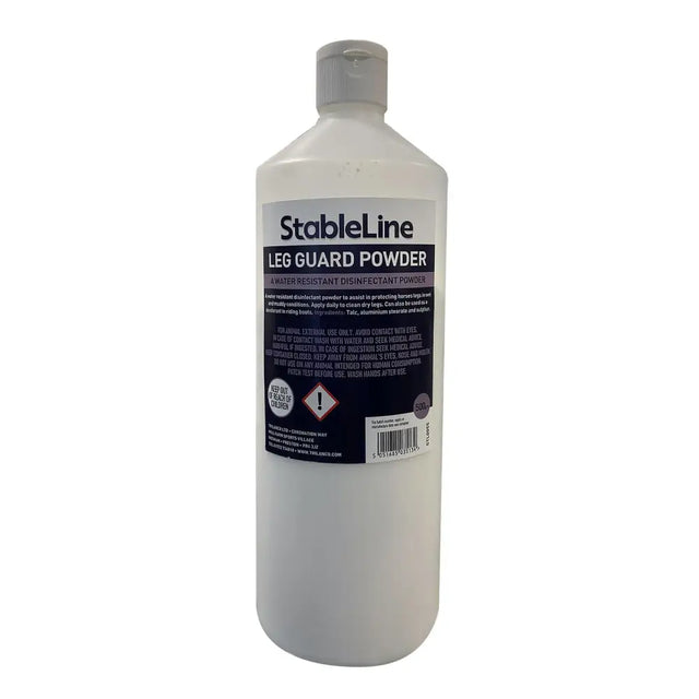 Stableline leg guard powder in a translucent white bottle with gray cap for protecting horses legs with water resistant disinfectant