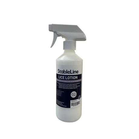 White plastic spray bottle with gray trigger labeled stableline lice lotion for treating stableline lice on horse’s coat