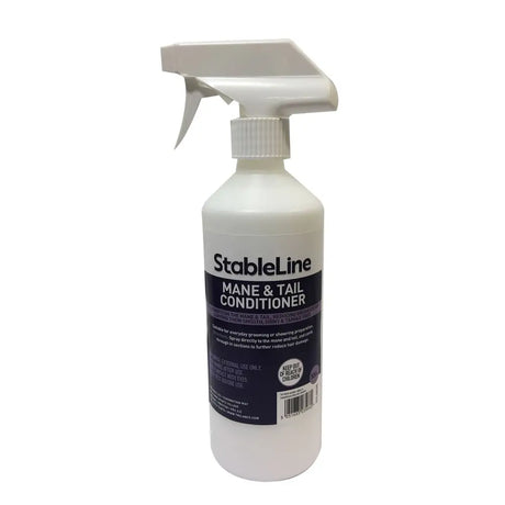 White plastic spray bottle of stableline mane & tail conditioner with black label for reducing breakage