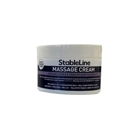 White plastic jar of stableline massage cream with black and white label for smooth stableline massage use