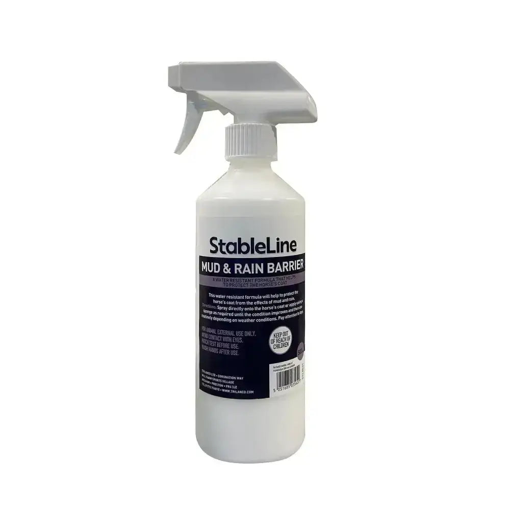 White plastic spray bottle with gray trigger and black label stableline mud rain barrier water resistant formula